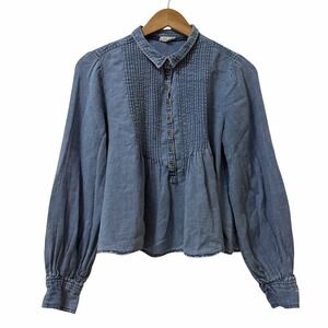 Anthropologie Pilcro Pintuck Cropped Popover Denim Top Size S Blue Boho Western